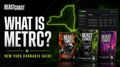 Beast Coast Packaging cover image for a blog about METRC in New York, showing the text “What Is METRC?”, a glowing New York State outline, a METRC dashboard interface, and custom direct print cannabis packaging.