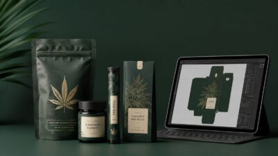 Cannabis packaging design service mockup with custom bags, jars, tubes, and boxes arranged beside a packaging layout.