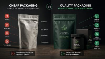 Cheap cannabis packaging compared with quality packaging showing weak seals, oxygen, moisture, light exposure, and shelf life protection.