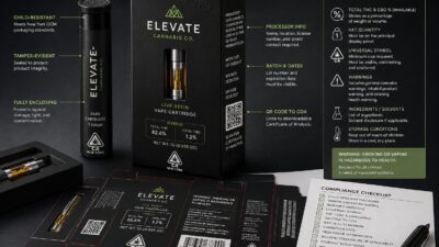 Cannabis vape packaging requirements shown on a premium vape cartridge box with QR code, warnings, universal symbol, and compliance label panels.