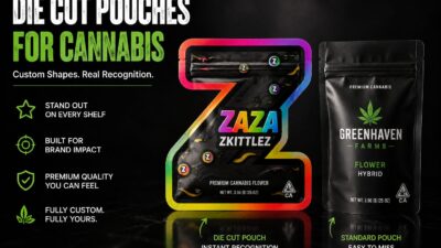 Die cut pouches cannabis brands can use compared with standard custom mylar bags on a dark studio surface.