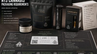 NYS cannabis packaging requirements shown through compliant cannabis bags, jars, tubes, boxes, label panels, warnings, and QR code placement.