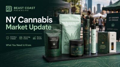 Custom cannabis packaging displayed for a New York cannabis market update about OCM rules, showcase events, and new licenses.